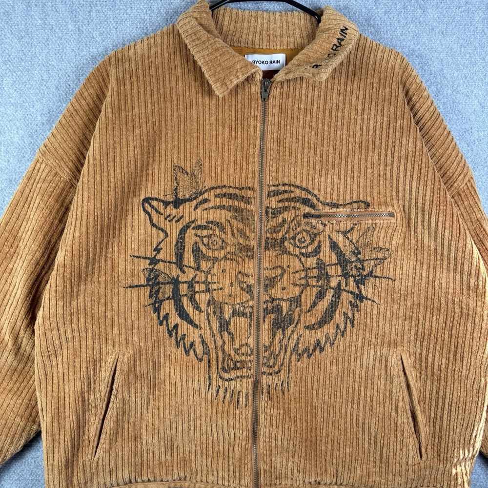 Ryoko Rain Jacket Size Large Corduroy Brown Full Zip Tiger Streetwear Work
